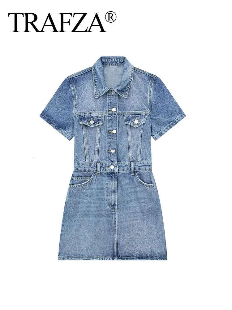 TRAFZA Summer Woman 2023 Blue Turn-Down Collar Multi-Pocket Short Sleeve Single Breasted Female Chic Denim Dresses
