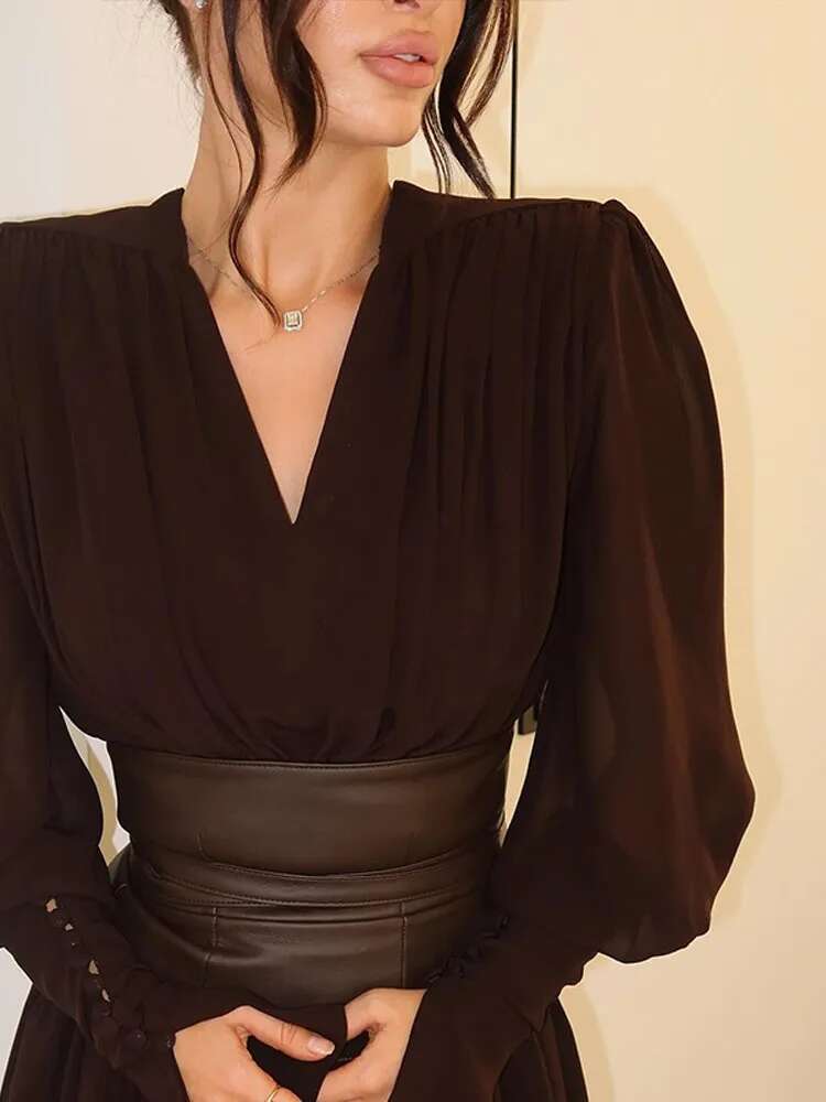 Elegant Retro Solid Color Fashion V Neck Split Dresses Autumn New Women's Party Long Sleeved A-E Dress
