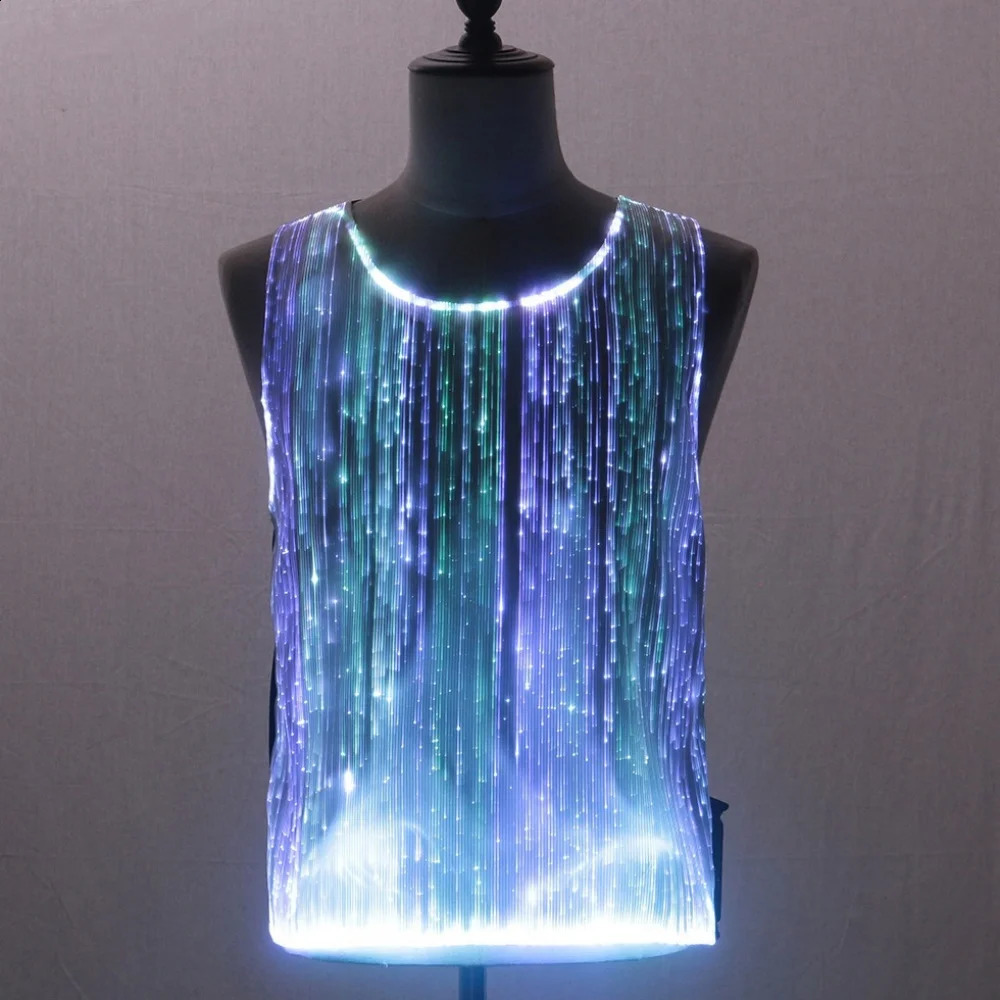 Summer Men Colorful LED Luminous Night Club T Shirts Y2K High Street Sleeveless Vest Optical Fiber Fabric Patchwork Tops 250226