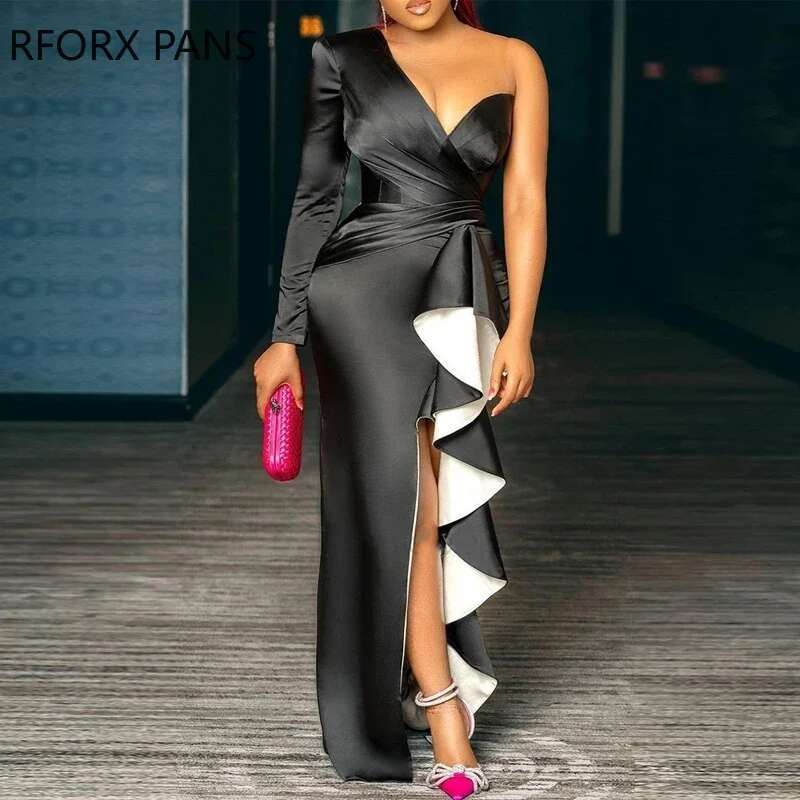 Women Solid Elegant Cascading Ruffles One Shoulder High Silt Maxi Bodycon Formal Party Sexy Black Dress