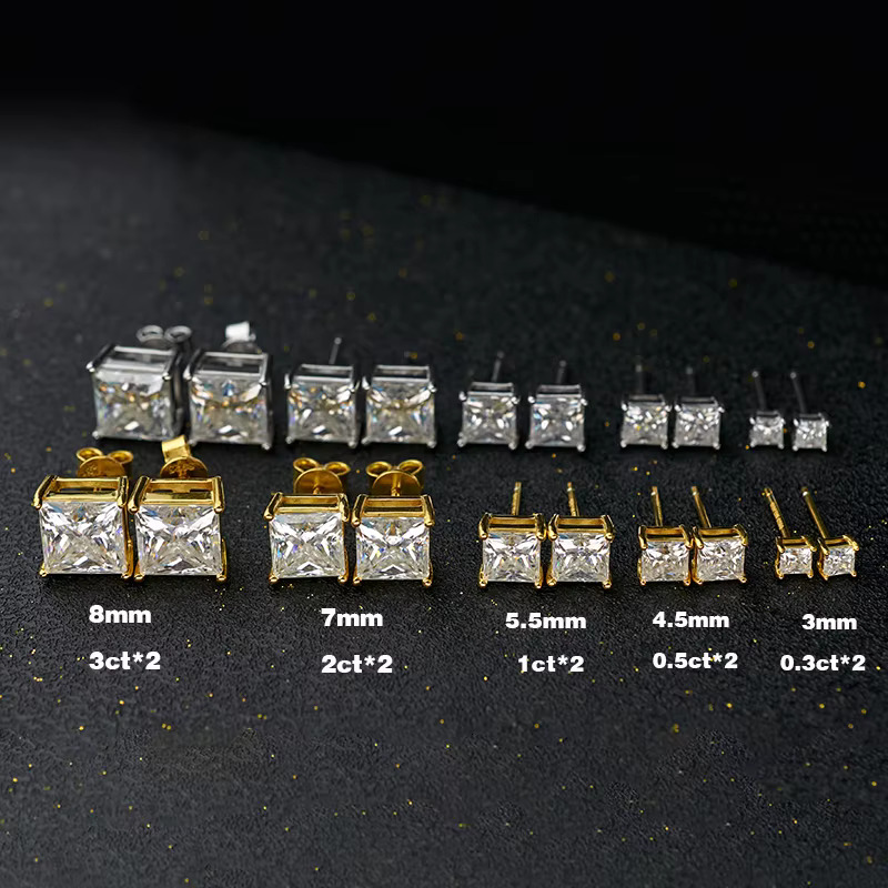 "Wholesale Sier Princess Square Moissanite Earrings in 3.0mm 4.5mm 5.5mm 7.0mm 8.0mm with Gift Box"