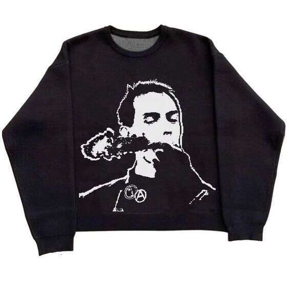 New Autumn and Winter Fashion Brand anime Jacquard Round Neck Knit Dark Loose Sweater for Couples