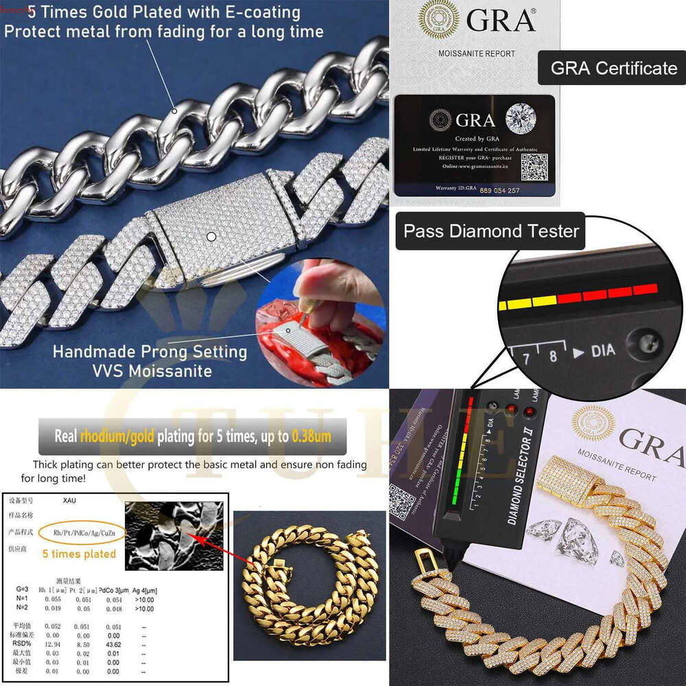 Mossanite Hip Hop Jewelry 6mm-25mm Pass Dia Tester Sterg Sier VVS Moissanite Iced Out Cuban k Bracelet For Mens