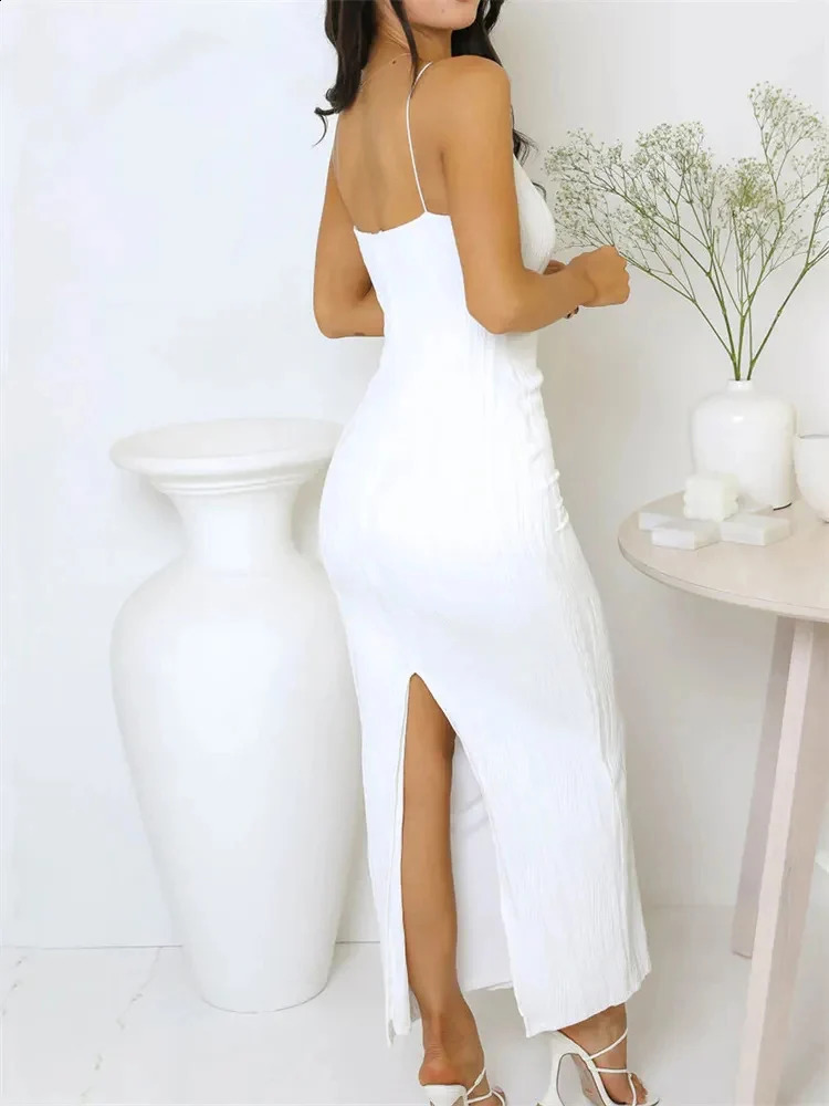 Sexy Women Long Dress Ruched Sleeveless Slim Solid Summer Party Back Split Clubwear Female Outfits 250228