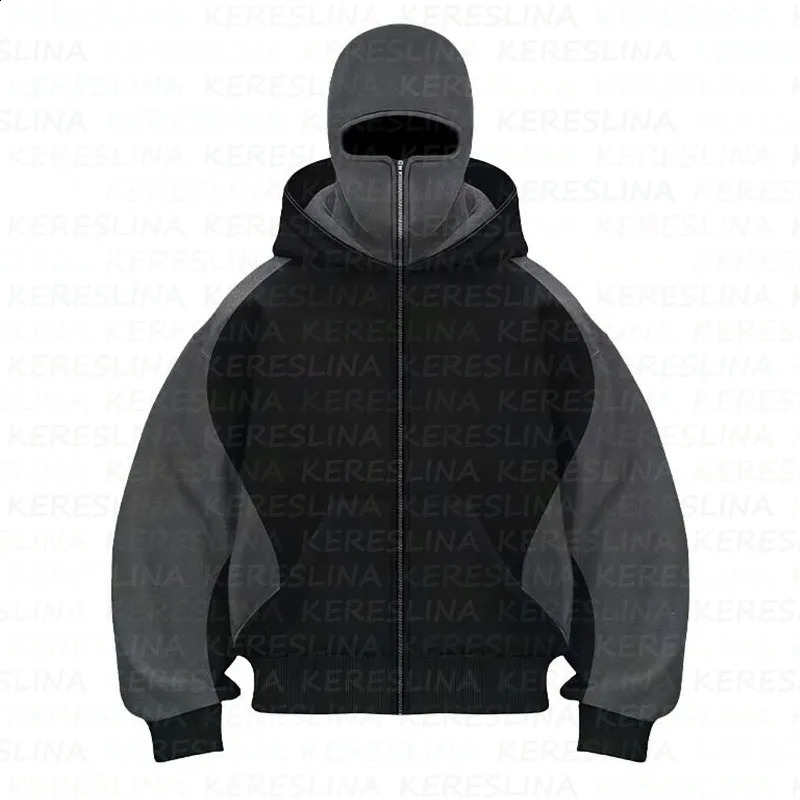 Cross border American fashion double hat solid color hooded color blocked cardigan automatic and winter loose Y2K hooded 250225