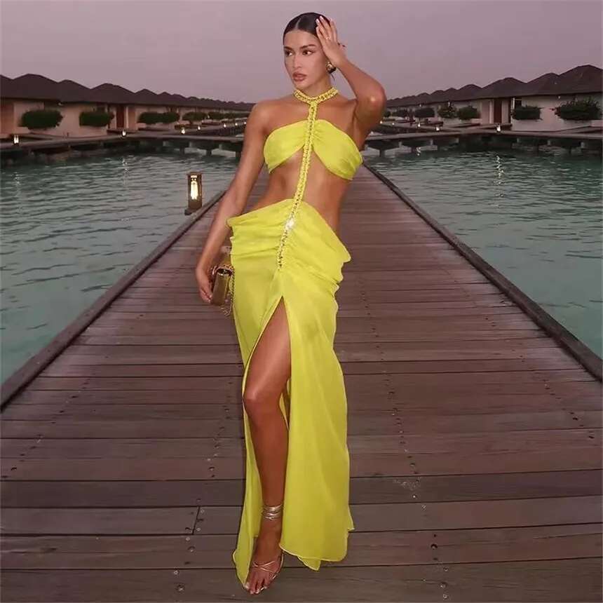 Women's Backless Beach Yellow Halter Neck Pleated Metal Chain New Vacation Camping Elegant Dress Fashion Designer