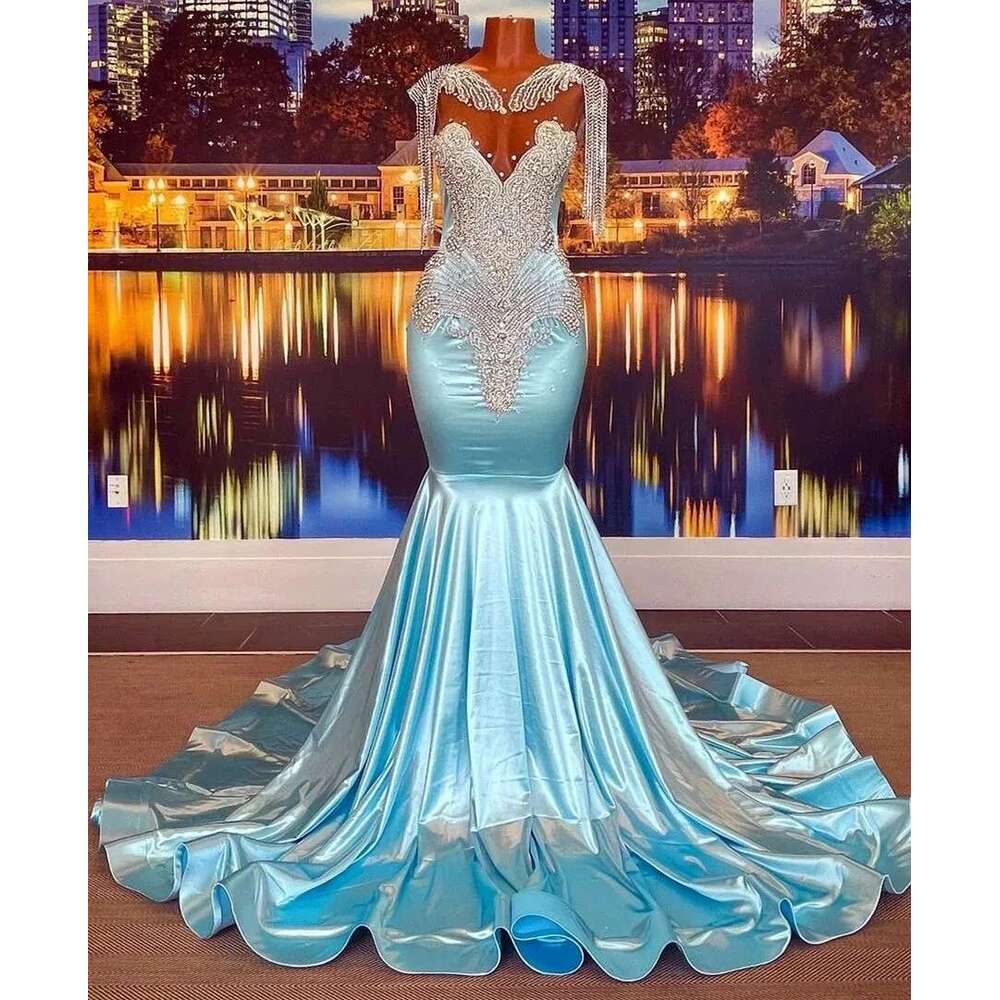 Turquoise African American Prom For Black Girls Mermaid Sheer Beaded Robe De Soiree Evening Dresses Gown Customized