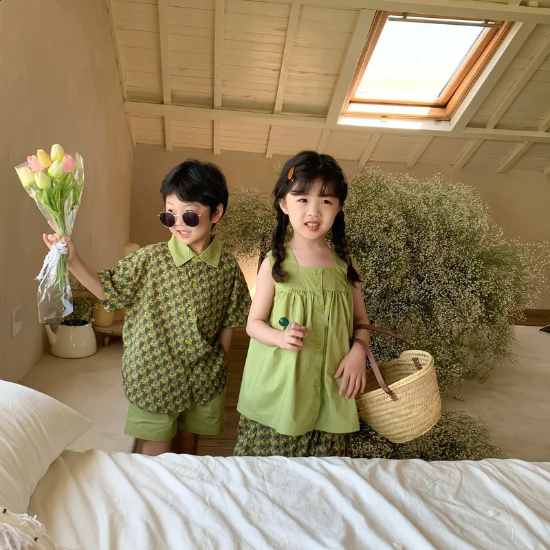 Summer Boy Girl Matching Clothes Brother Sister Floral Short Sleeve Shorts 2pcs Suit Siblings Outfits Children Sets 250221 S2548