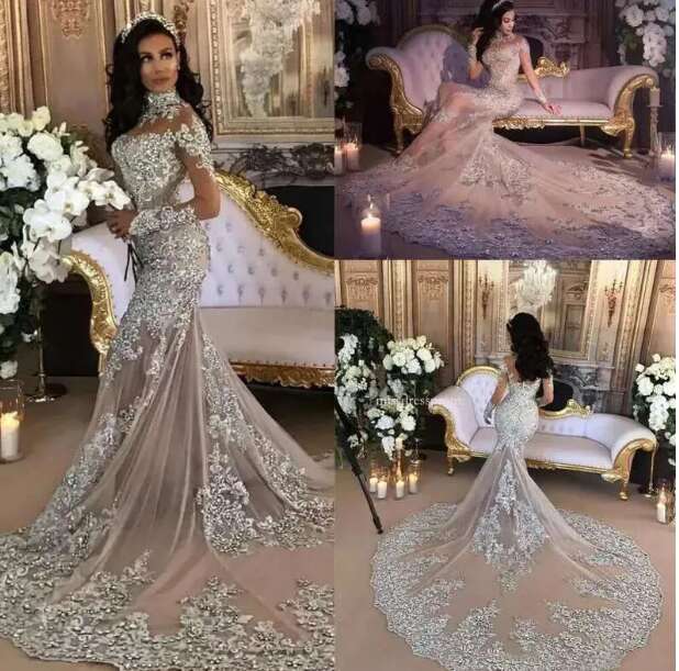 Customized Sparkly Wedding Dresses 2025 Sexy Beaded Lace Applique High Neck Illusion Long Sleeves Mermaid Bridal Gowns
