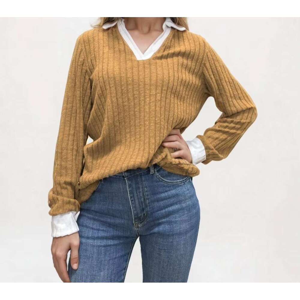 2024 Vintage European American Women's Top New V-Neck Contrast Winter Casual Sweatshirt