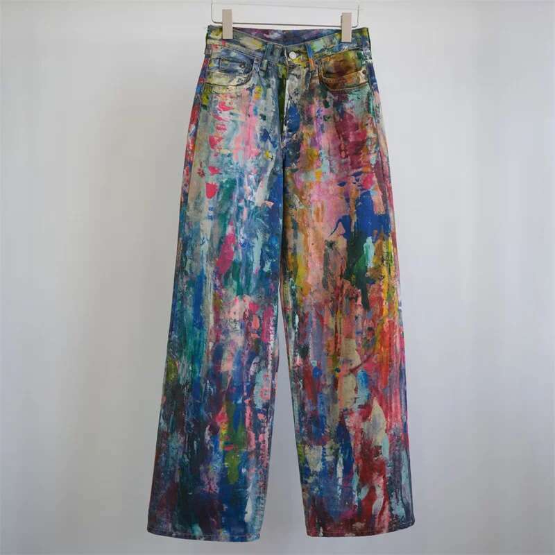 2025 Spring New In Painted Graffiti Women's Jeans Couple Style Loose Straight Y2k Cotton Wide Leg Pants