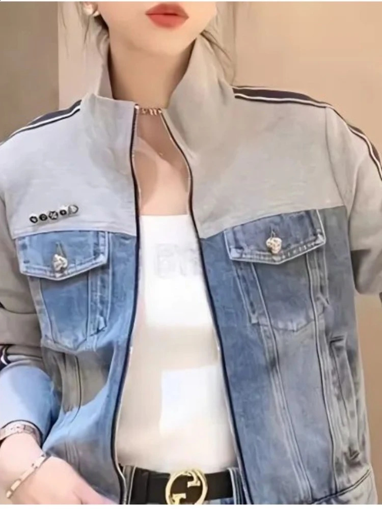 Jeans Womens Jacket Vintage Patchwork Lapel Striped Spring Thin Zipper Short Long Sleeve Tops Pockets Buttons Coats 250228