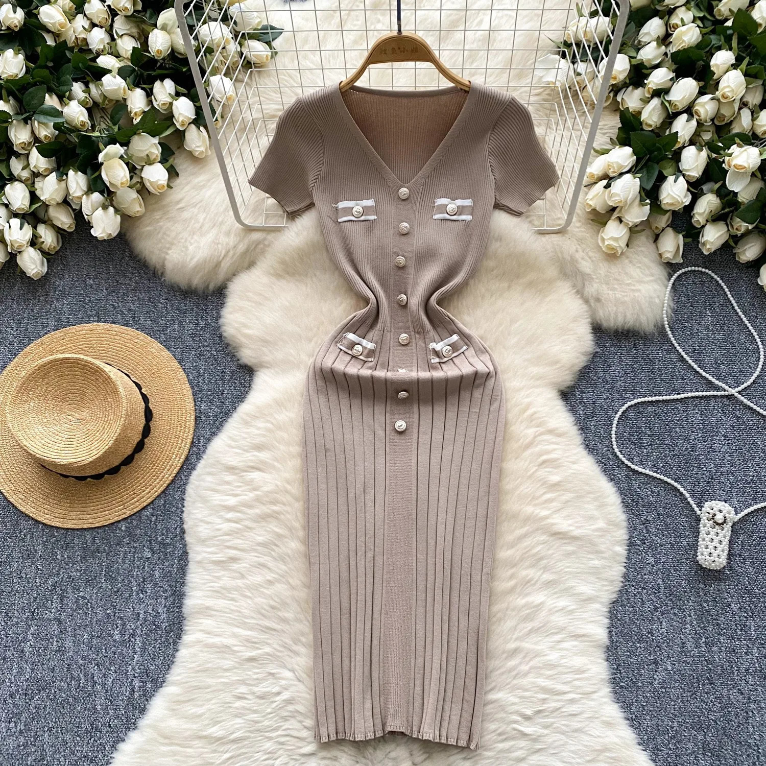 YuooMuoo Chic Fashion Sexy Wrap Hips Knitted Dress Women Vneck Short Sleeve Bodycon Pleated Sweater Office Lady Vestios 250228