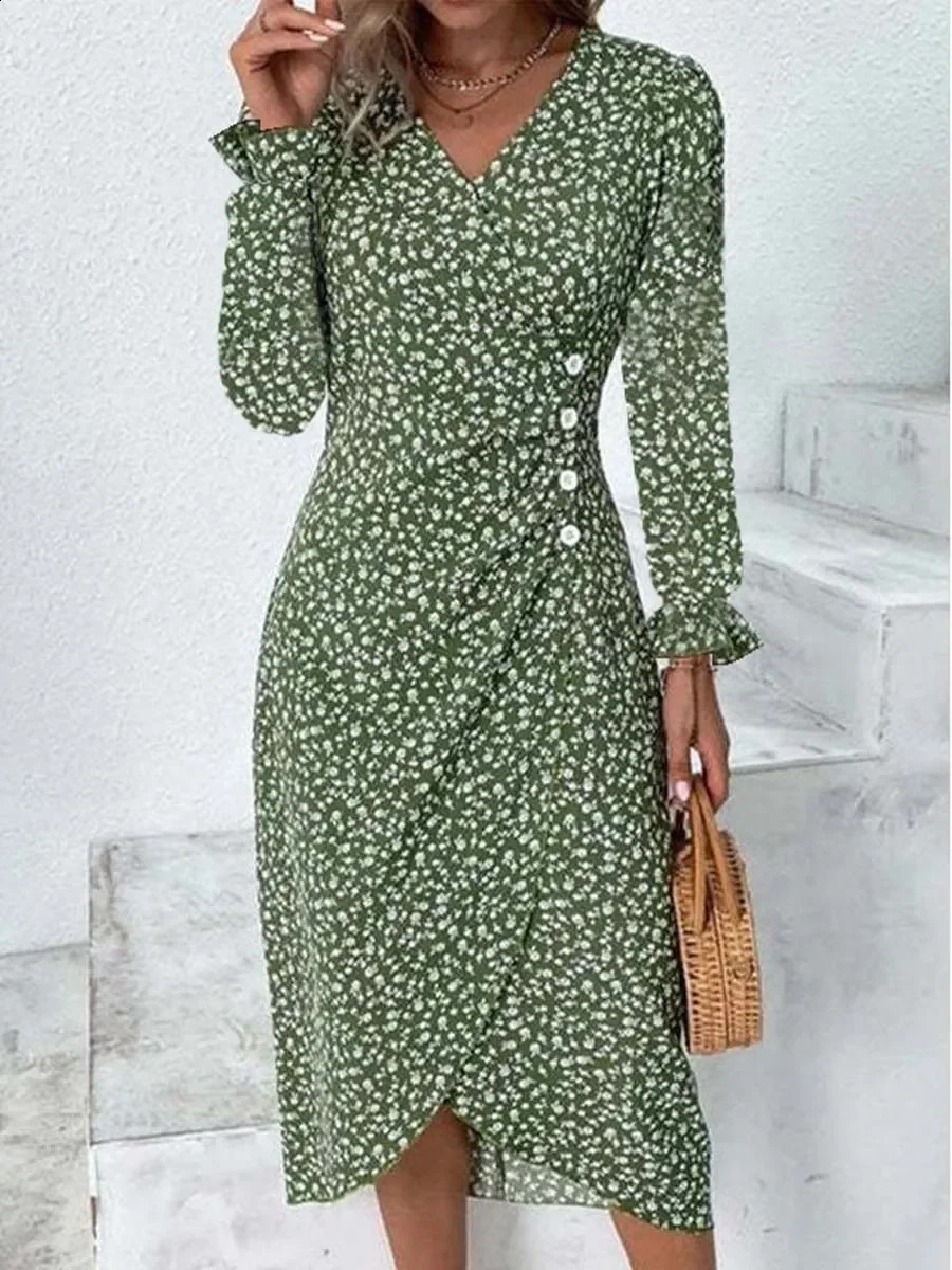 Spring Floral Bodycon Midi Dress For Women V Neck Long Sleeve Ruched Slim Fit Dresses Female Sexy 250303Z