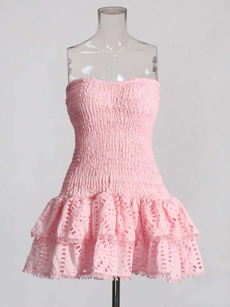 TWOTWINSTYLE Designer Mini A E Dresses Strapless Sleeveless High Waist Spliced Ruffles Hem Elegant Slimming Dress Female New