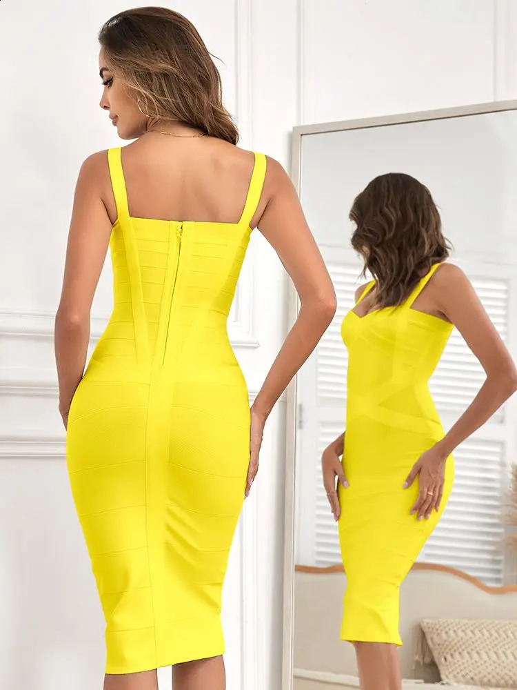 BEAUKEY Sexy Vintage Quality Evening Yellow Bandage Dress 2023 Women Summer Blue Midi Cross Bodycon Party Ladies Dresses 250303Z