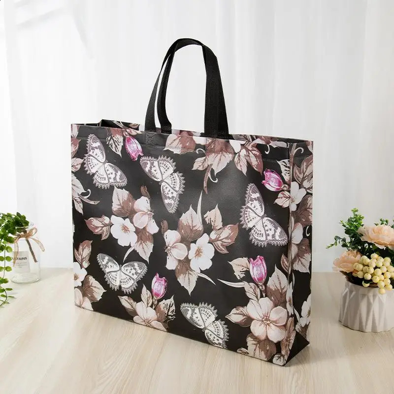 Flower Print Grocery Shopping Bag Nonwoven Fabric Eco Travel Takeaway Storage Folding Reusable Pouch 250221