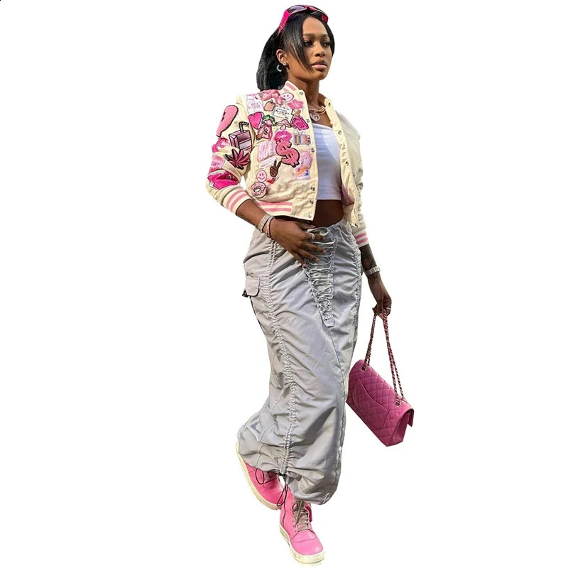 Varsity Jacket for Women Fitness Letter Printed Button Up Crop Autumn High Street Casual Baseball Coats 250228