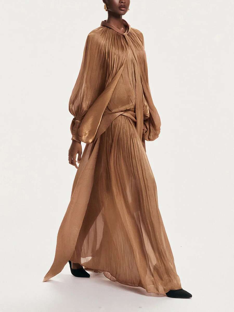 VGH Minimalist Spliced Folds Maxi Dresses For Women Scarf Collar Lantern Sleeve Loose Waist Casual Temperament Dress Female New