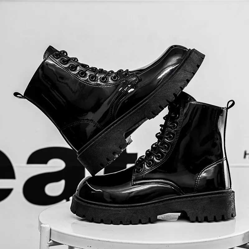 Classic Fashion Glitter Leather Black Boots for Men Comfortable Height-increasing Platform Boots Big Size 46 Lace-up Ankle Boots Z250303