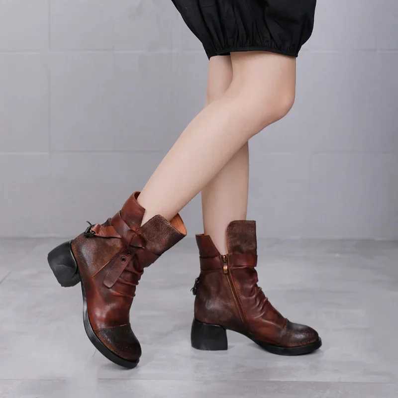 Birkuir Original Thick Heel Boots For Women Mixed Colors Pleated Luxury High Heel Pumps Shoes Genuine Leather Zip Ankle Boots Z250303
