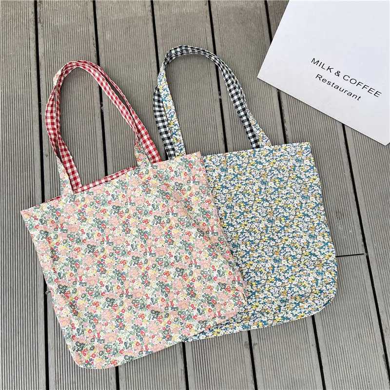 New Arrival Casual Plaid Flower Women Shopping Bag Large Capacity Ladies Daily Tote Handbags Cotton Cloth Double-sided Girls Shoulder Bags T250303
