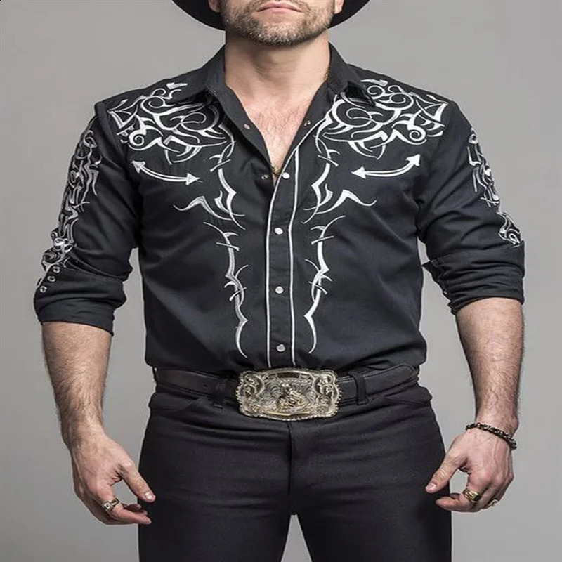 Western Denim Long Sleeve Shirt Ethnic Tribal Style Party Outdoor Casual Mens n Soft and Comfortable 2023 250226