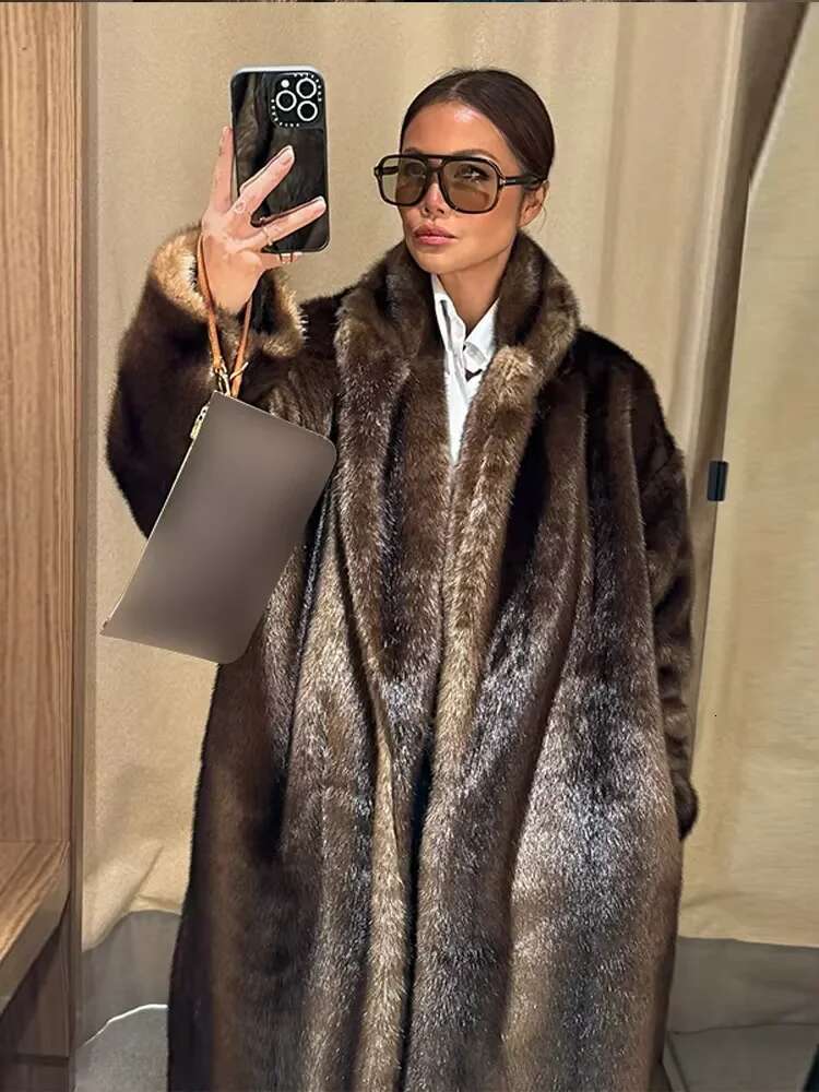 Dark Brown Faux Fur Overcoat Women Elegant Fashion Long Sleeves Oversized Jacket New Winter Chic Thick Warm High Streetwear