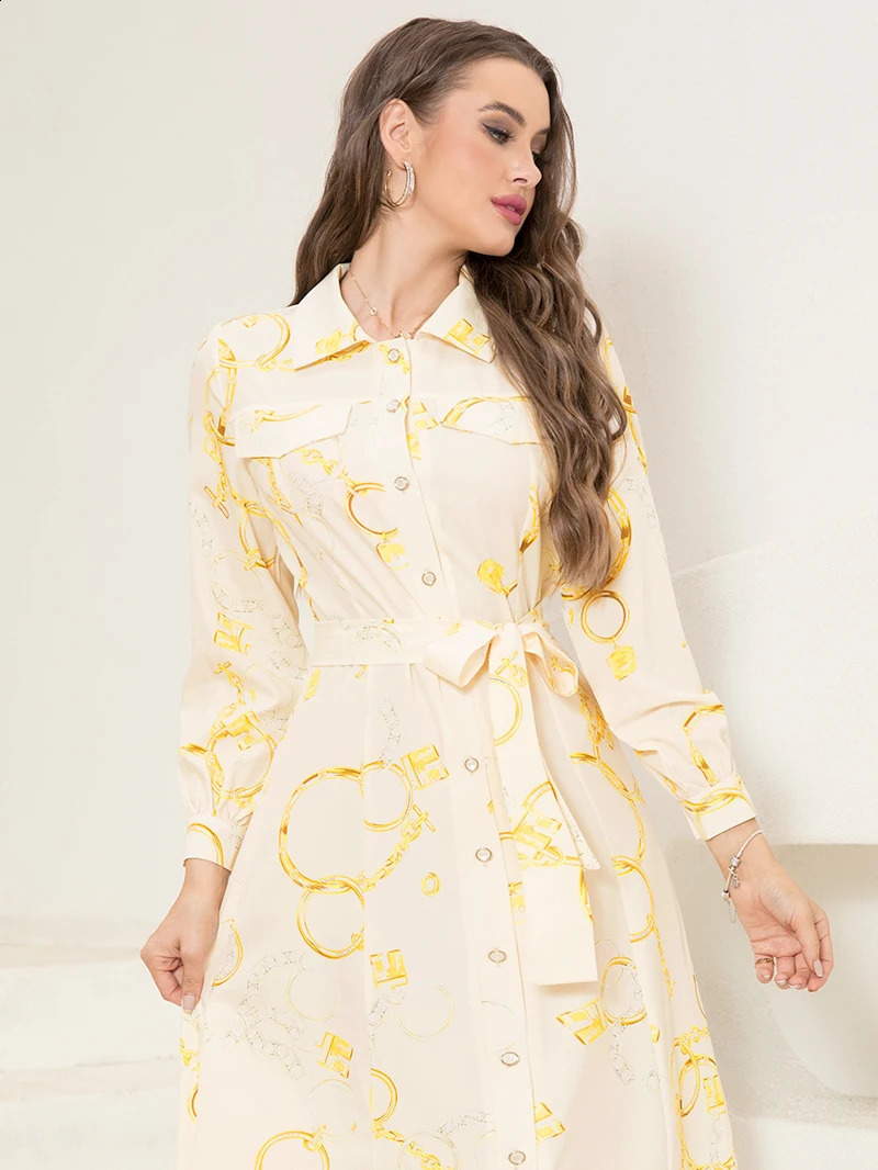 Elegant Long ShirtSleeve Dress with Chain Print n Belt Pocket Sophisticated Collared Neck Button Details 250228