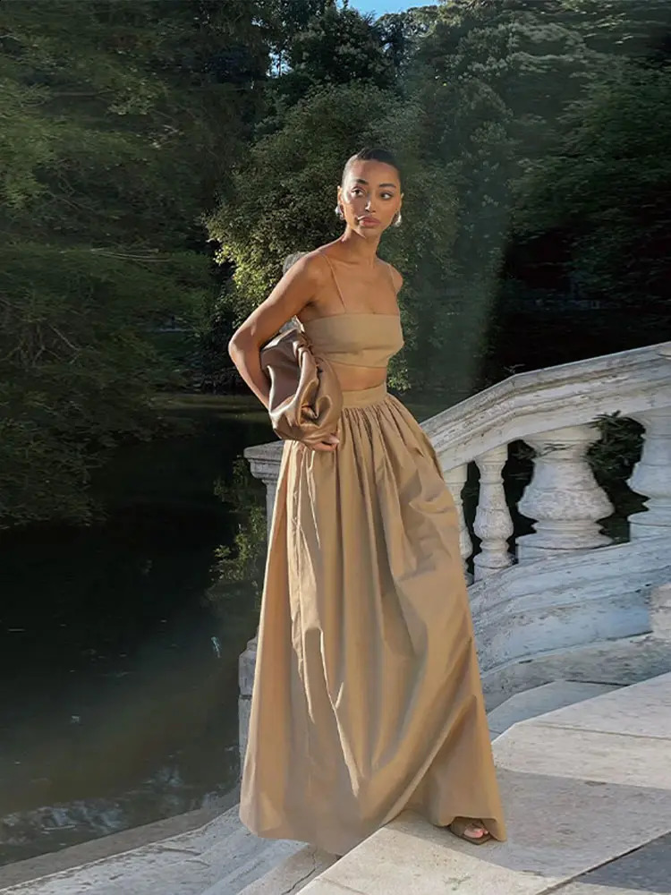 Elegant Women Vest Skirt Sets Sexy Sleeveless Crop Top High Waist A-line Long Skirts Female Suit 2025 Spring Summer Lady Outfits 250228