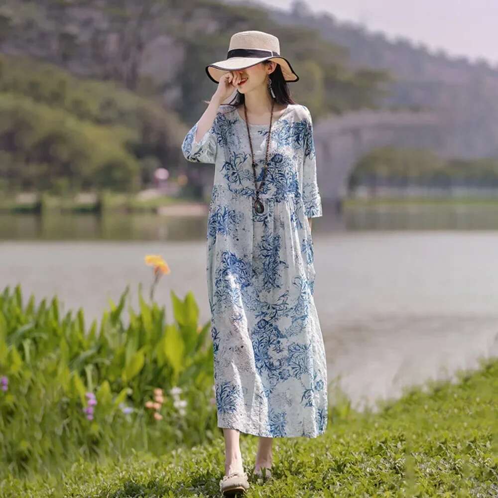 Elegant Comfortable Loose Streetwear Clothing Summer Dress For Women Fashion Casual Vintage Ethnic Style Clothes Print