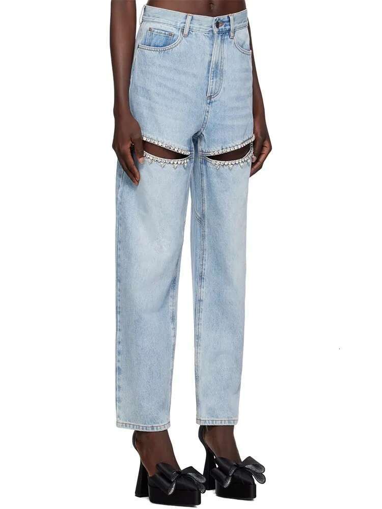 TWOTWINSTYLE Solid Patchwork Dias Denim Pants For Women High Waist Hollow Out Designer Wide Leg Jeans Female Fashion