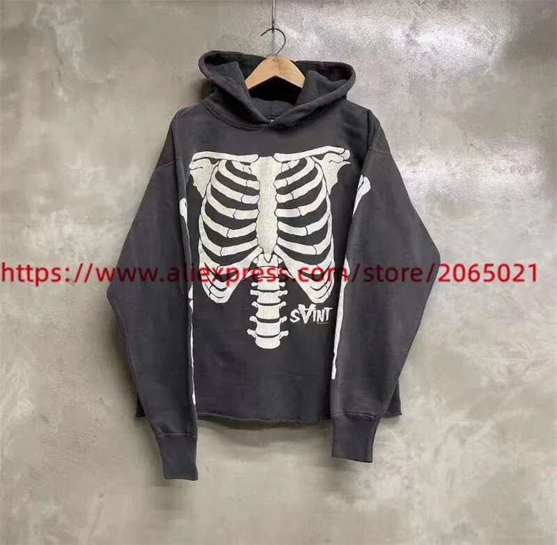 Washed SAINT Hoodie Men Women Skeleton Rib Cracking Printing Pullover
