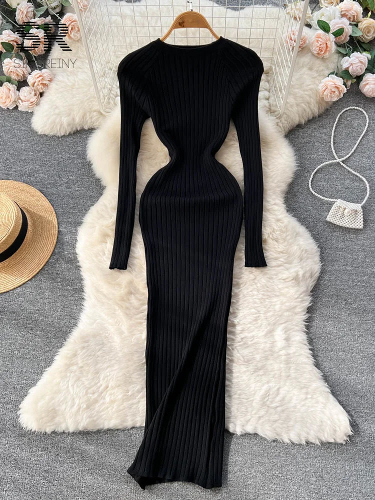 SINGREINY Winter Women Knit Maxi Dress O Neck Autumn Long Sleeve Slim Solid Harajuku Ladies Fashion Pencil Sweater Dresses 250228