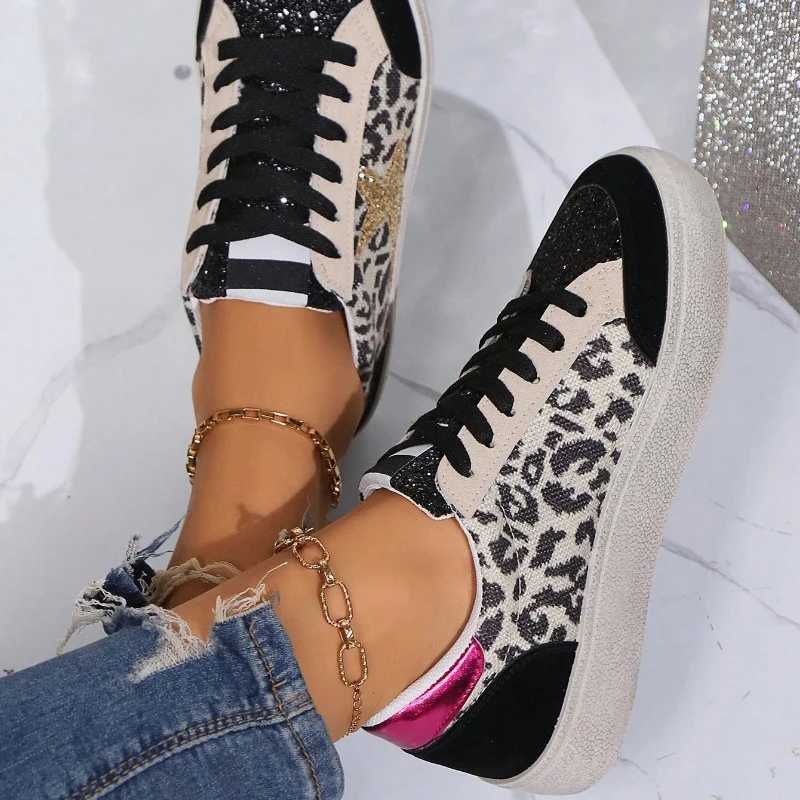 Womens Round Toe Leopard Print Casual Sneakers With Sequins Stars Decor Black Thick Bottom Lightwear Fashion Woman White Shoes M250303