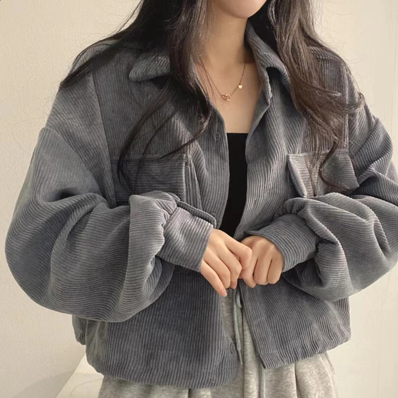 Autumn Retro Versatile single chest transit collar long sleeved womens casual coffee jacket pocket loose 250228