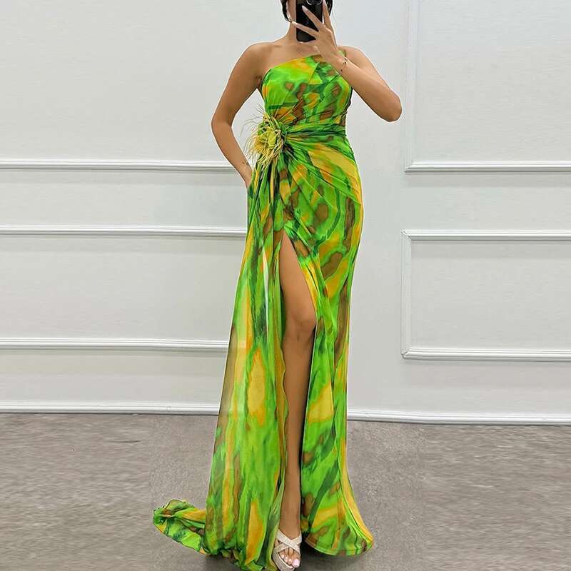Sexy Sleeveless Backeless High Split Dresses Elegant Contrast Printed Chiffon Fashion One Shoulder Swing Party Long Dress