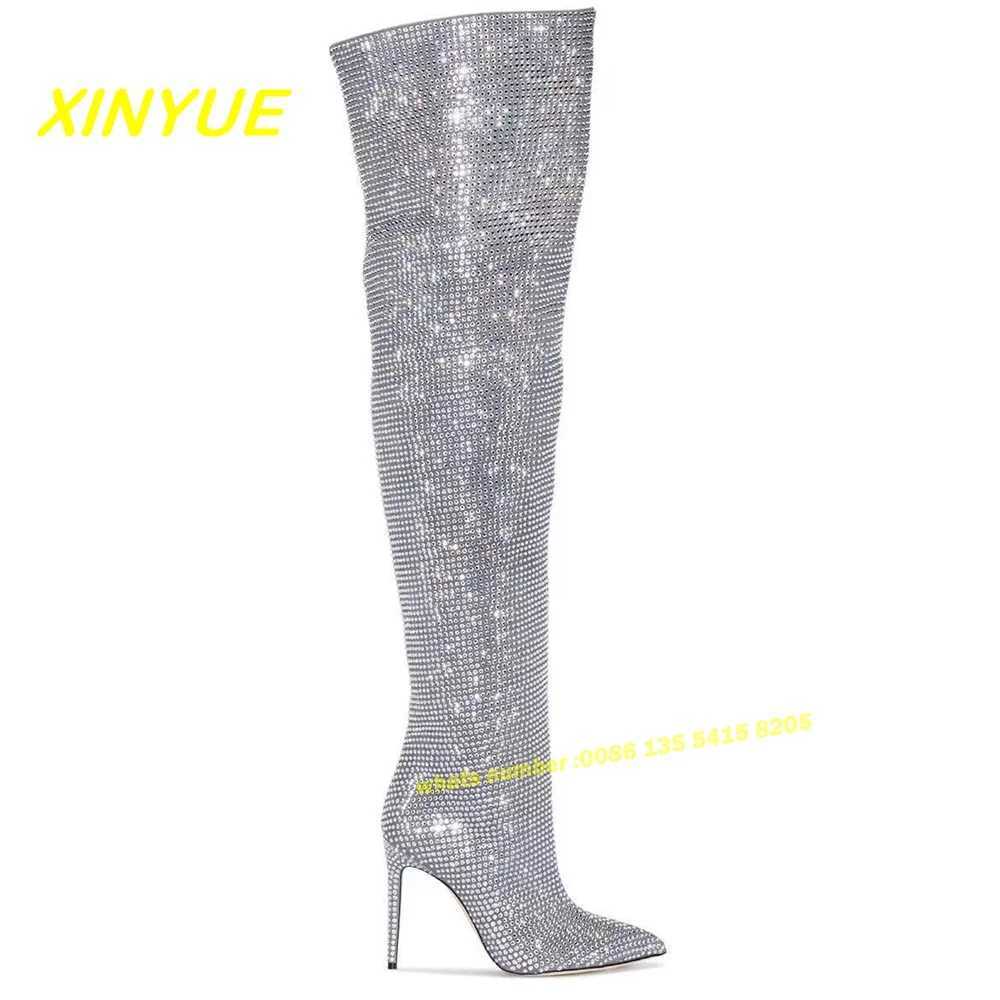 Rhinestone Silver Long Boots Luxury Pointed Toe Slip On Bling Slip On Newest Over The Knee Womens Boots Large Size 43 Solid Z250303