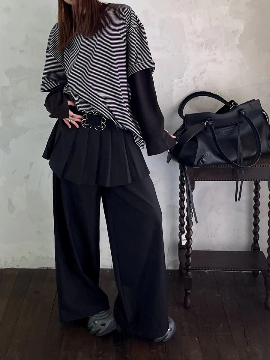 REDDACHiC Womens Pleated Skirt Overlay Suit Pants Work Casual Loose Cleanfit Black Plain Wide Leg Long Trousers Formal Clothes 250225