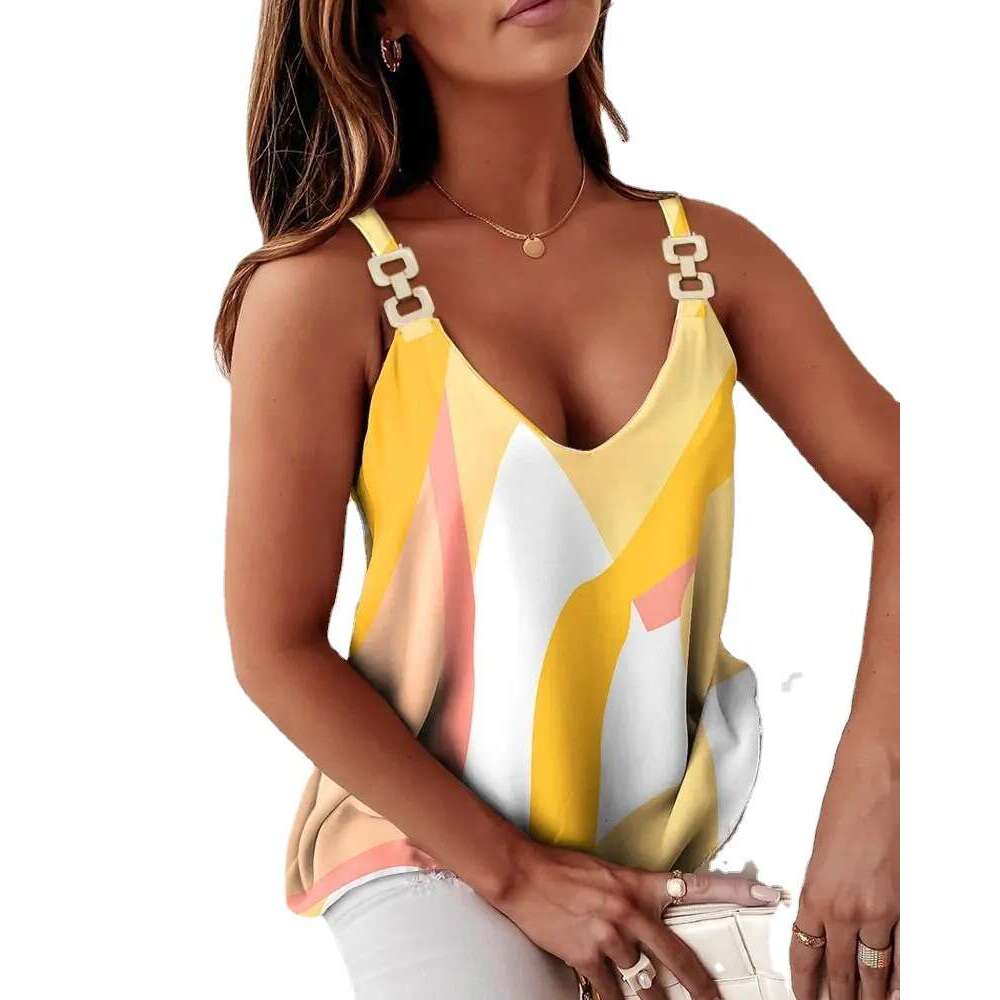 V Geometric Deep Printed Tank Women's Chain Strap Sleeveless T-shirt Summer Trendy Vest Top