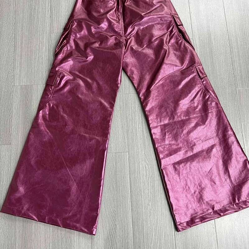 High Street Casual PU Material Pocket Design Cargo Pants Drawstring Full Length Men's Clothing