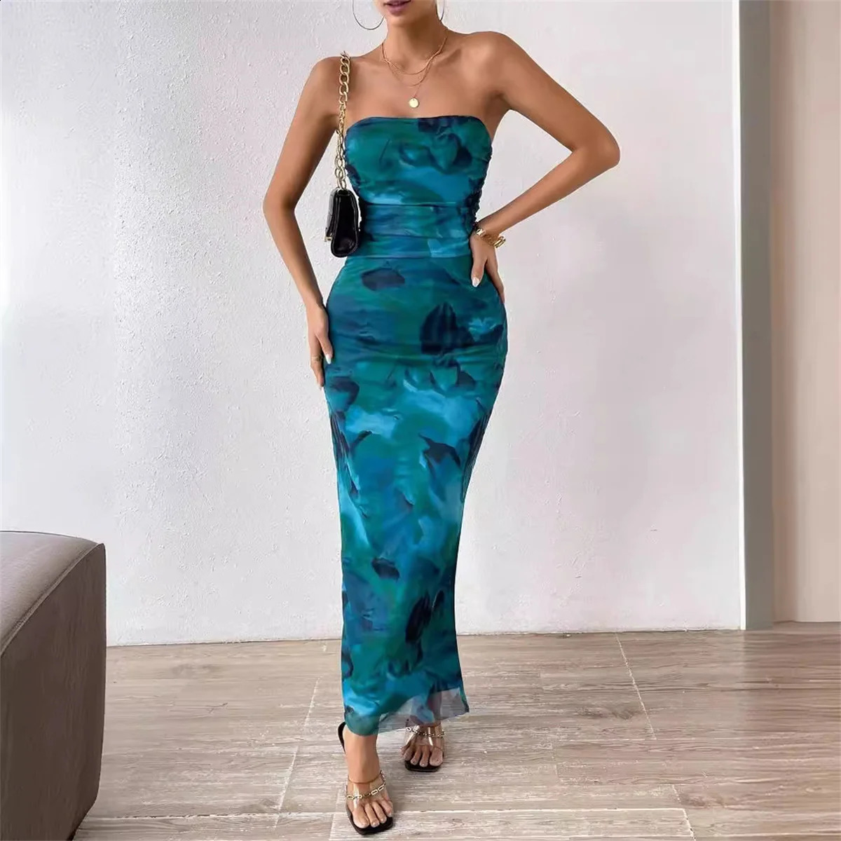 Summer Sexy Sleeveless Strapless Midi Dres Fashion Print Bodycon Party Dresses Beach Sundress Female 250303Z