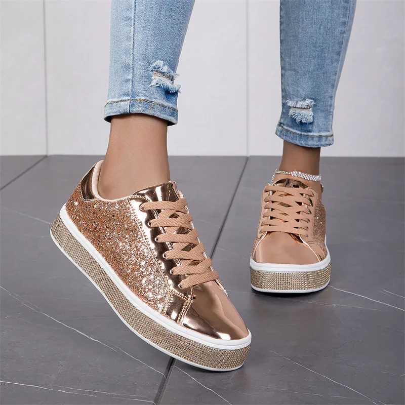 Sequin Pink Leather Tennis Glitter Slip on Casual Sneaker Women Spring Autumn Comfort Lace-up Flat Gold Womens Shoes M250303