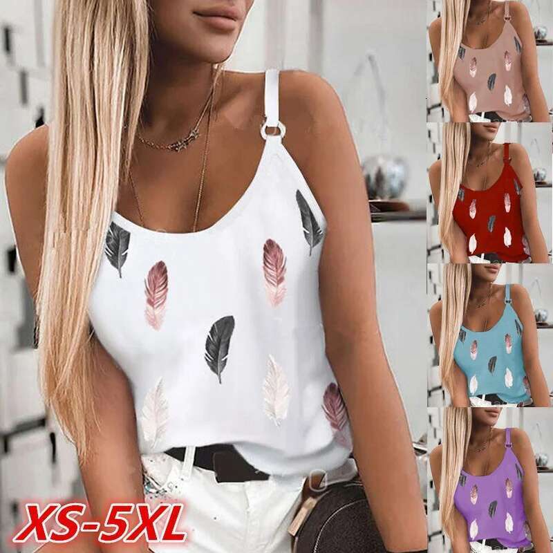 Women Wear 2025 New Pattern Fashion T-Shirt Summer Casual Feather Print Sleeveless Tank Tops Camisole Coat