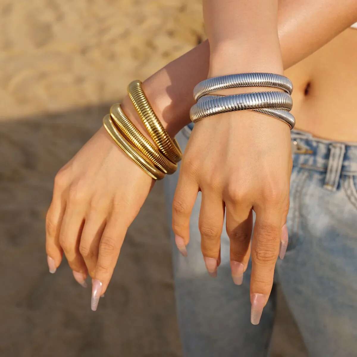 Stainless Steel Texture Flex Snake Chain Cuff Gold Plated Wide Bracelet Bangle Fashion Jewelry Women Gifts