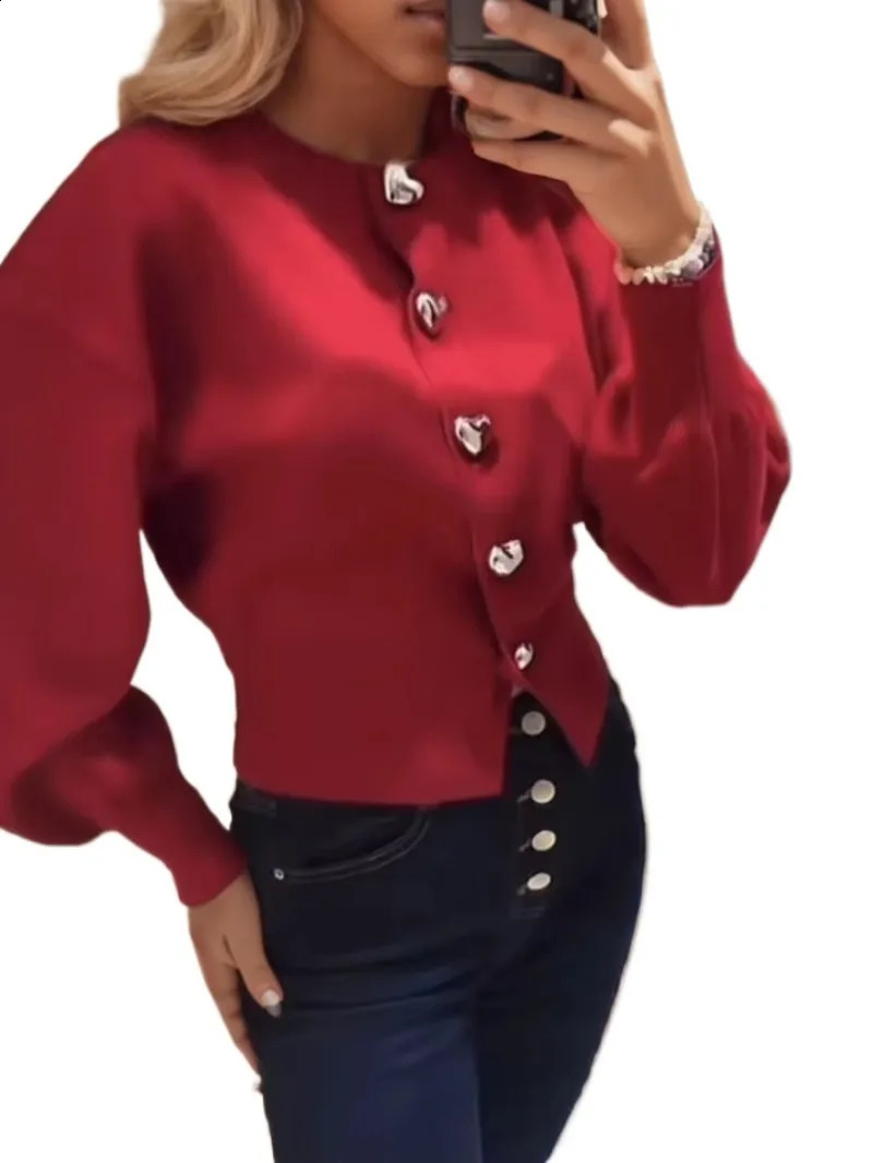 2025 Spring Women Knit Sweater Cardigans Fashion Vintage Red Heart Button Puff Long Sleeve Knitted Coats Jackets 250225