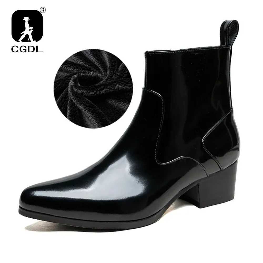 Patent Leather Mens Platform Boots with Heels Luxury Real Cow Leather Winter Warm Shoes Increase Height 5 Cm Side Zip No Laces Z250303