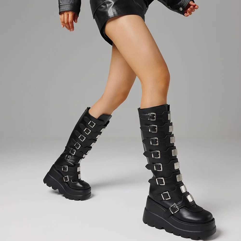 Punk Gothic Womens Knee High Boots Round Toes Multi metal Buckle Zipper Motorcycle Boots Nightclub Christmas Shoes Z250303