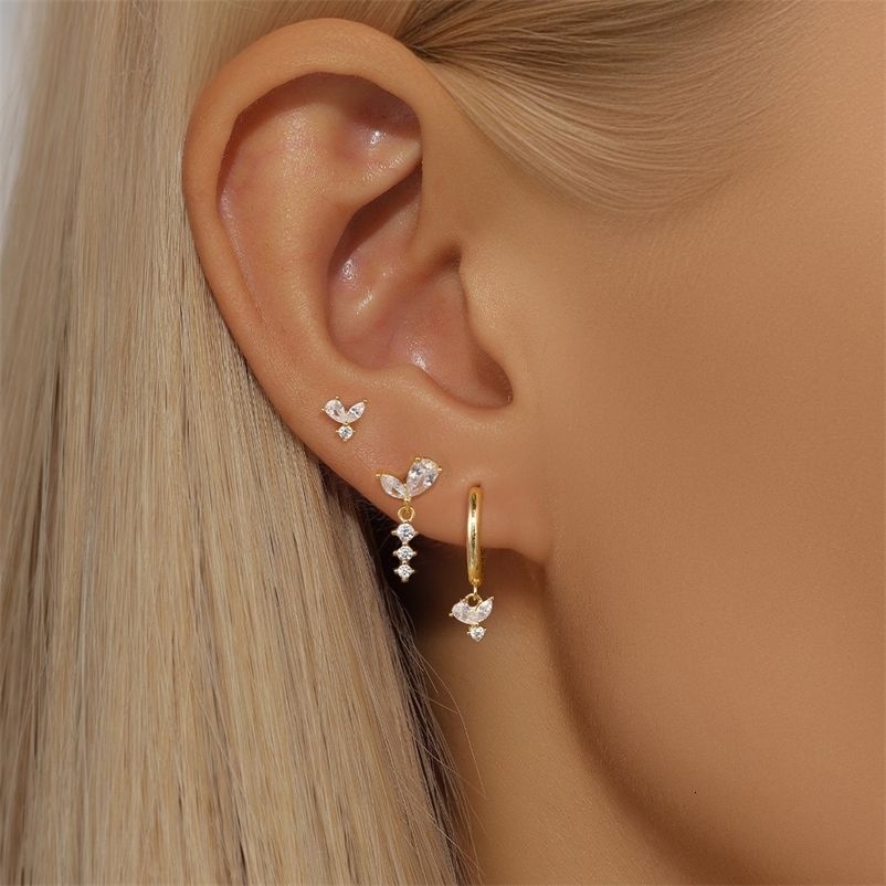 CANNER 3pc 925 Silver Exquisite Diamond Flat Thread Earrings Set For Women 18K Gold Eight Pointed Star Jewelry 250228