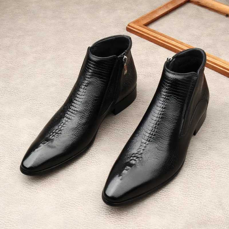 New Crocodile Pattern Men Ankle Boots Luxury Genuine Leather Handmade Designer Black Zipper Pointed Fashion Black Warm Shoes Man Z250303